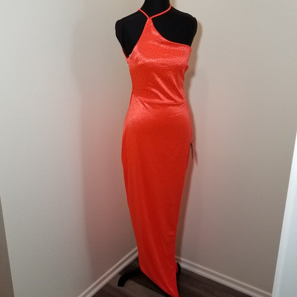 Lulus Womens Medium Coral Halter Long Dress Rhinestone HOCO Formal Prom NWT
